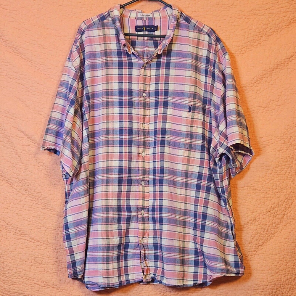 RALPH LAUREN Shirt Men 4XB Big Indian Madras Pink and Blue Plaid Short Sleeve